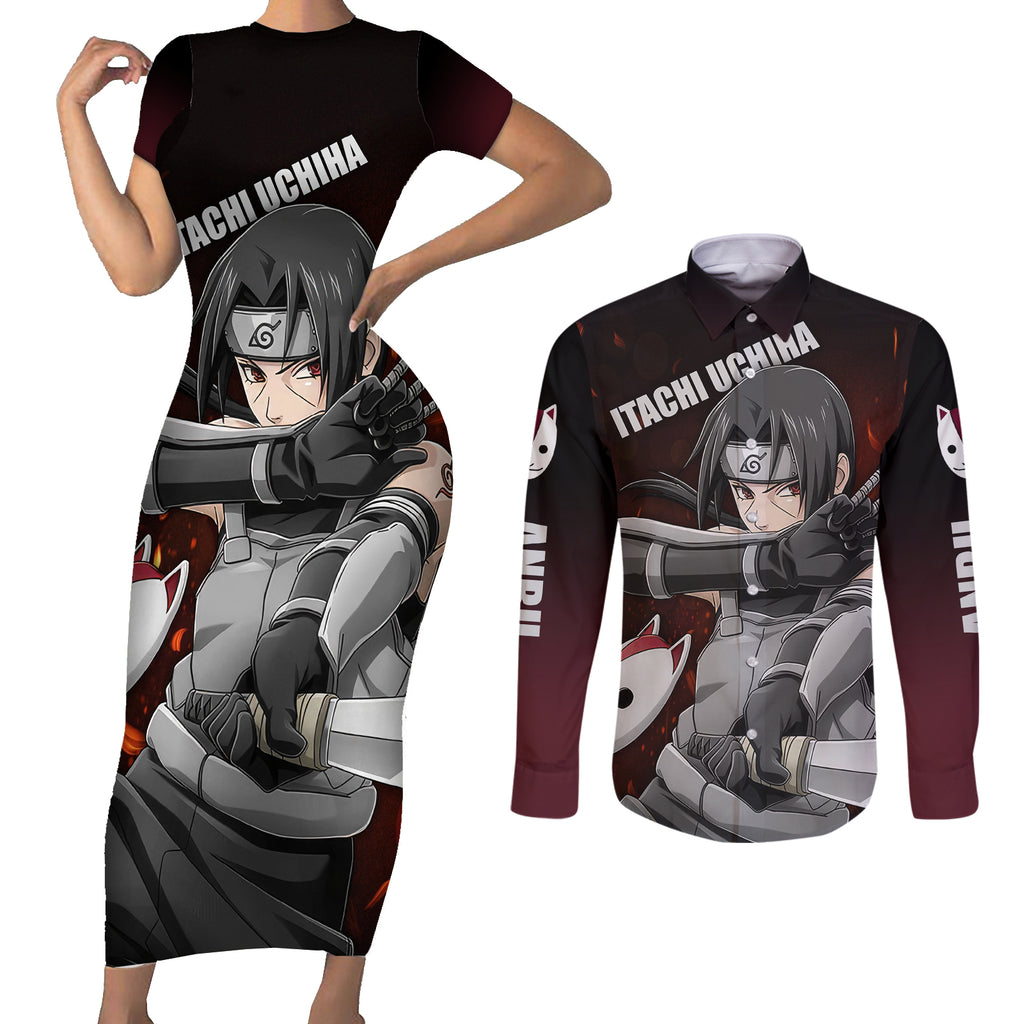 Itachi Anbu Couples Matching Short Sleeve Bodycon Dress and Long Sleeve Button Shirt