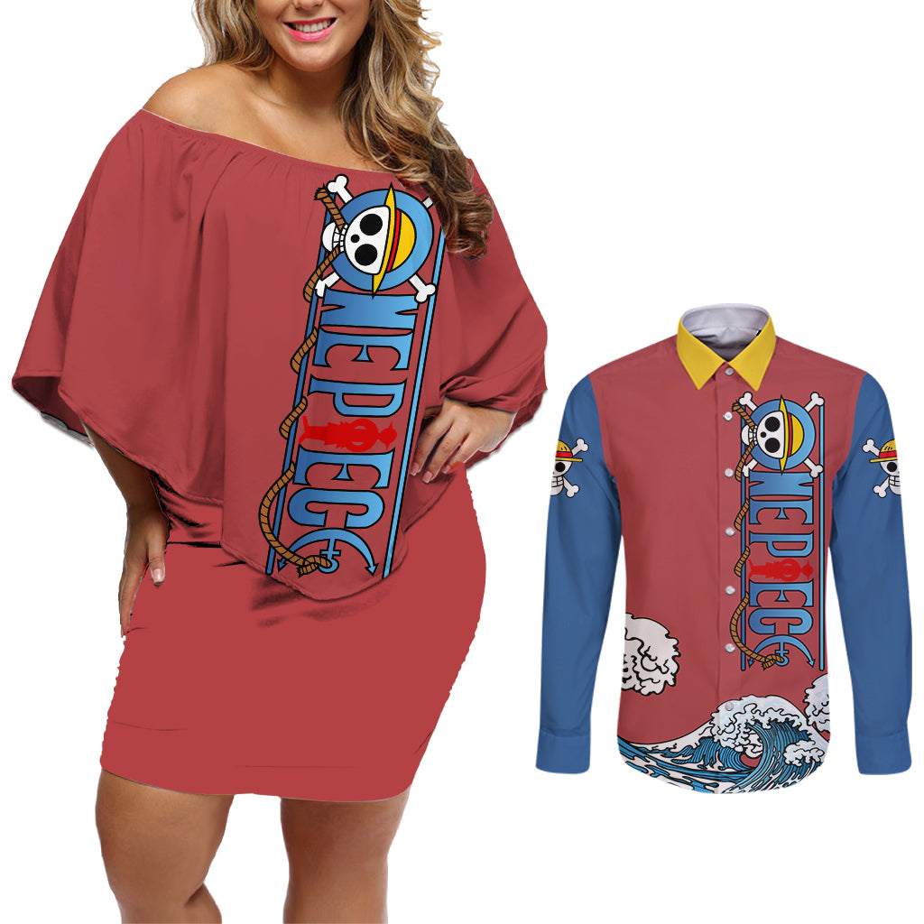 Monkey D. Luffy One Piece Gear 5 Awakening Couples Matching Off Shoulder Short Dress and Long Sleeve Button Shirt
