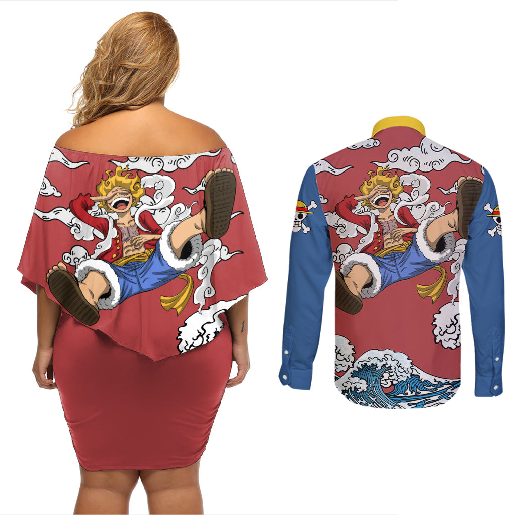 Monkey D. Luffy One Piece Gear 5 Awakening Couples Matching Off Shoulder Short Dress and Long Sleeve Button Shirt