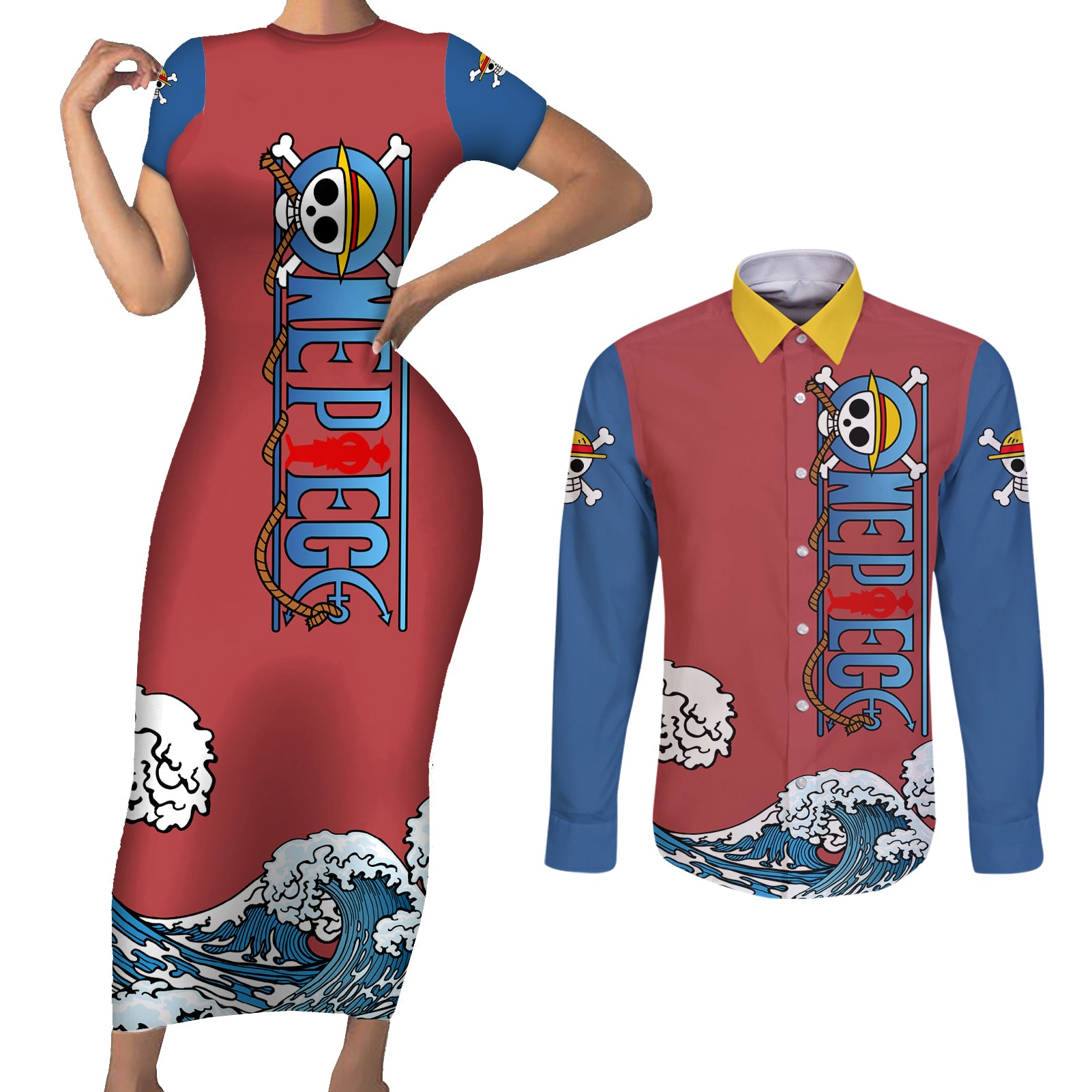 Monkey D. Luffy One Piece Gear 5 Awakening Couples Matching Short Sleeve Bodycon Dress and Long Sleeve Button Shirt