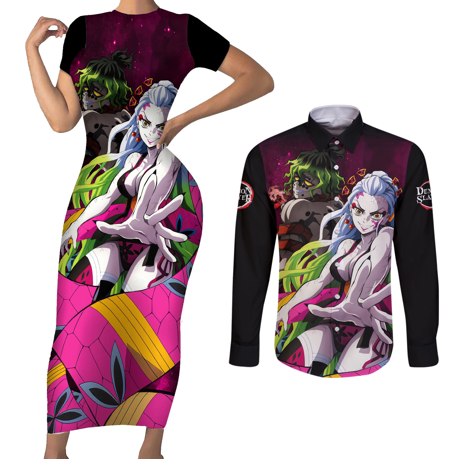 Gyutaro and Daki Couples Matching Short Sleeve Bodycon Dress and Long Sleeve Button Shirt