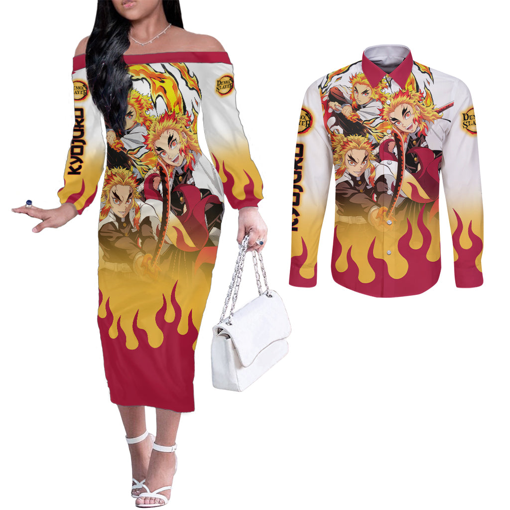 Kyojuro Rengoku - Flame Hashira Anime Couples Matching Off The Shoulder Long Sleeve Dress and Long Sleeve Button Shirt