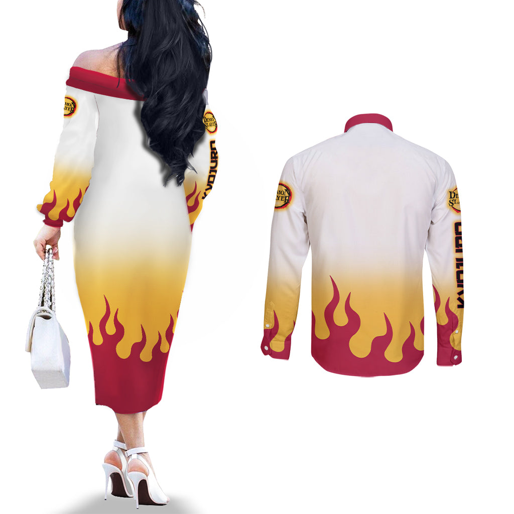 Kyojuro Rengoku - Flame Hashira Anime Couples Matching Off The Shoulder Long Sleeve Dress and Long Sleeve Button Shirt