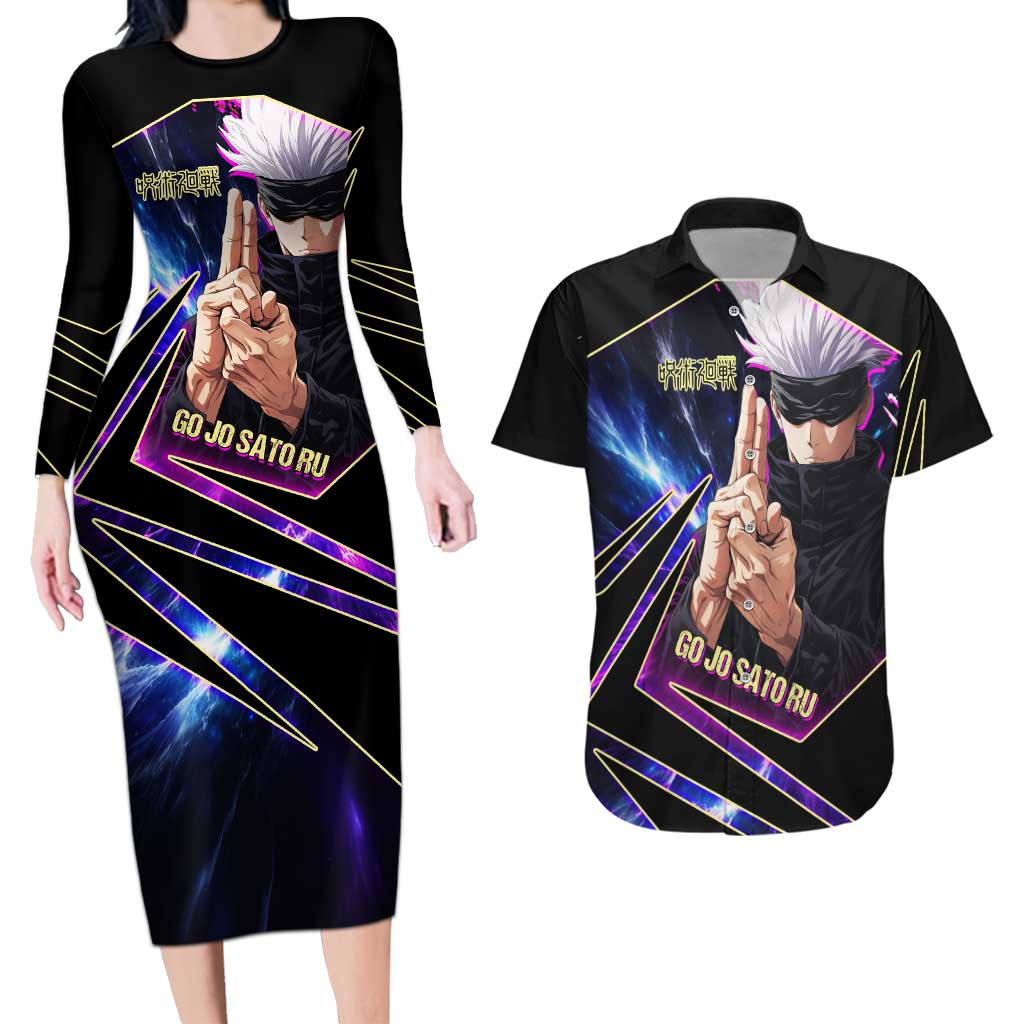 Gojo Satoru Infinite Void Couples Matching Long Sleeve Bodycon Dress and Hawaiian Shirt Cosmic Anime Power Surge Style