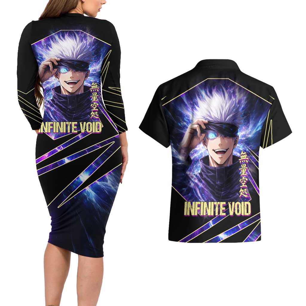 Gojo Satoru Infinite Void Couples Matching Long Sleeve Bodycon Dress and Hawaiian Shirt Cosmic Anime Power Surge Style