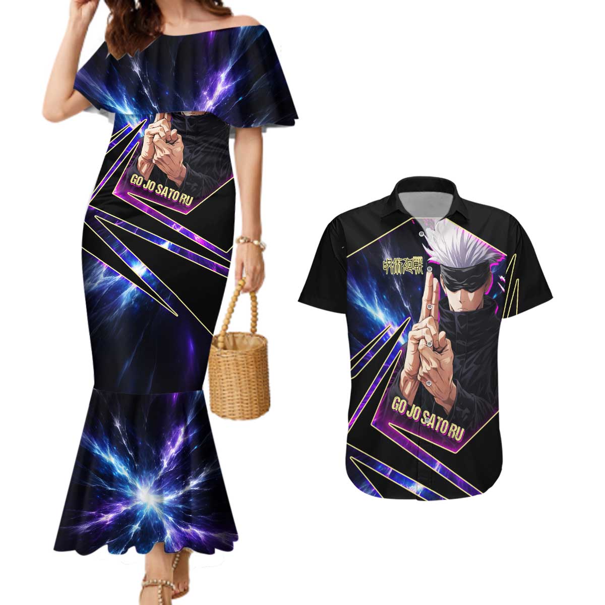 Gojo Satoru Infinite Void Couples Matching Mermaid Dress and Hawaiian Shirt Cosmic Anime Power Surge Style