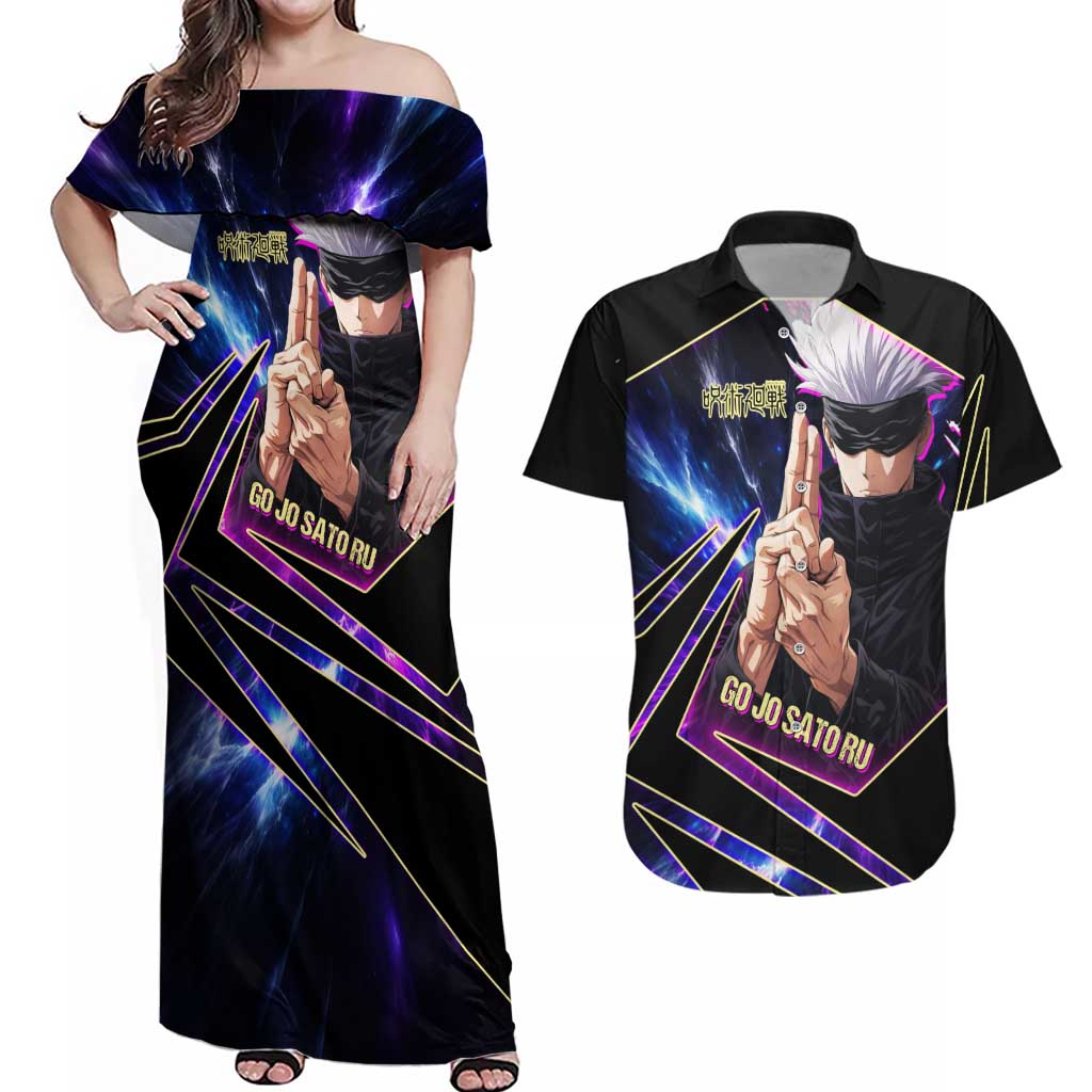 Gojo Satoru Infinite Void Couples Matching Off Shoulder Maxi Dress and Hawaiian Shirt Cosmic Anime Power Surge Style