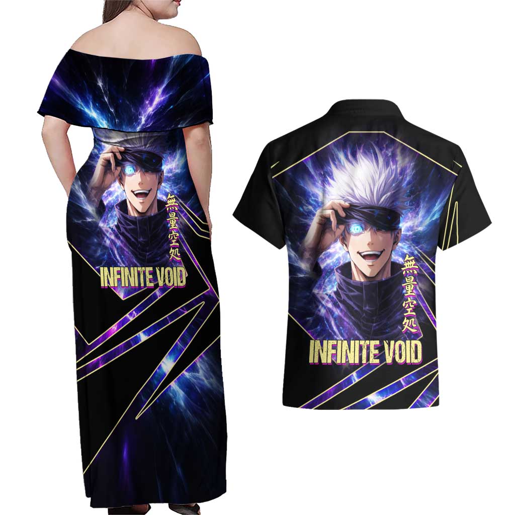 Gojo Satoru Infinite Void Couples Matching Off Shoulder Maxi Dress and Hawaiian Shirt Cosmic Anime Power Surge Style