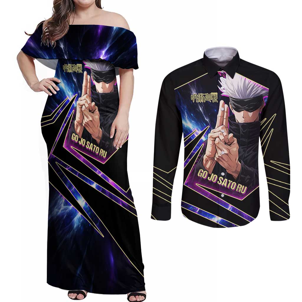 Gojo Satoru Infinite Void Couples Matching Off Shoulder Maxi Dress and Long Sleeve Button Shirt Cosmic Anime Power Surge Style