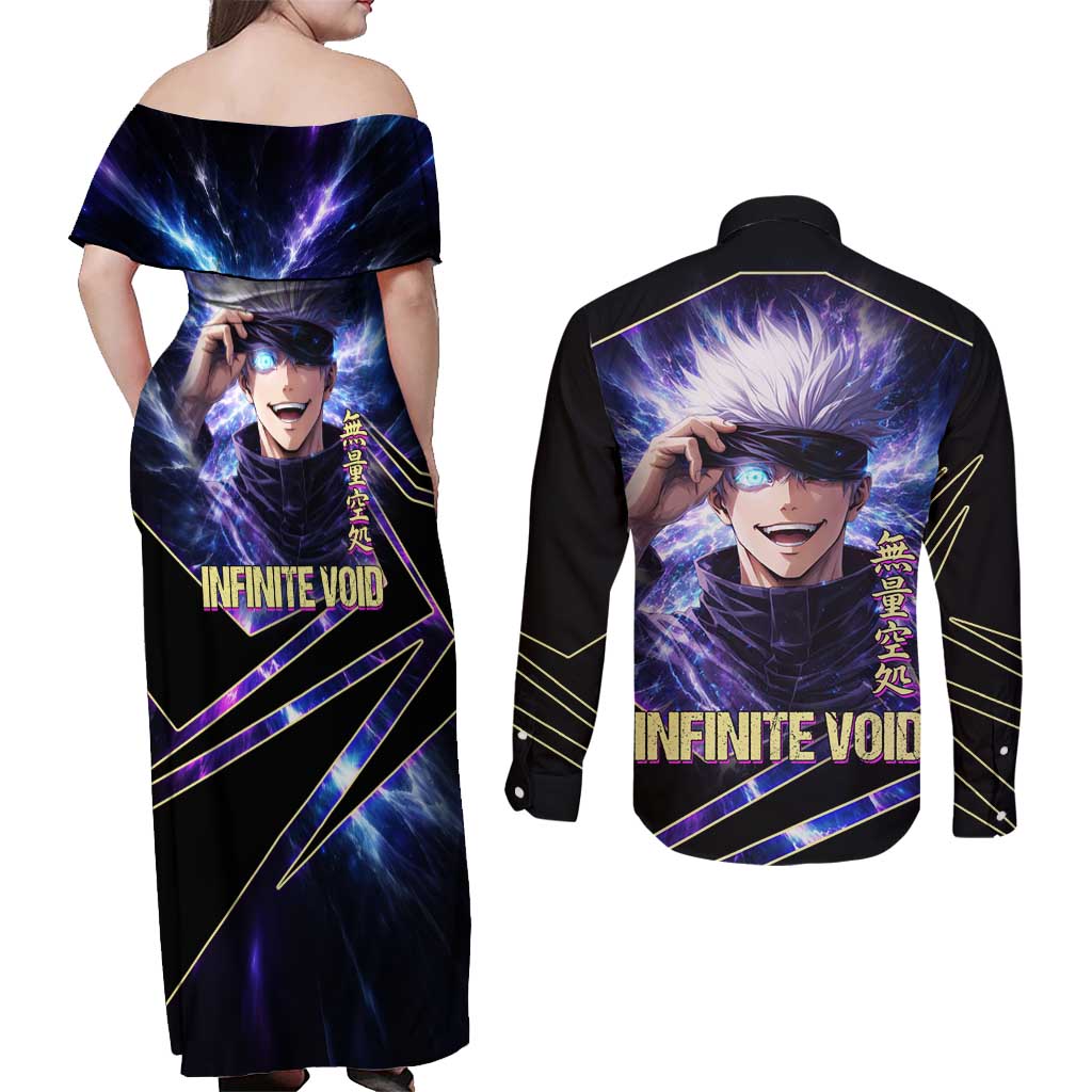 Gojo Satoru Infinite Void Couples Matching Off Shoulder Maxi Dress and Long Sleeve Button Shirt Cosmic Anime Power Surge Style