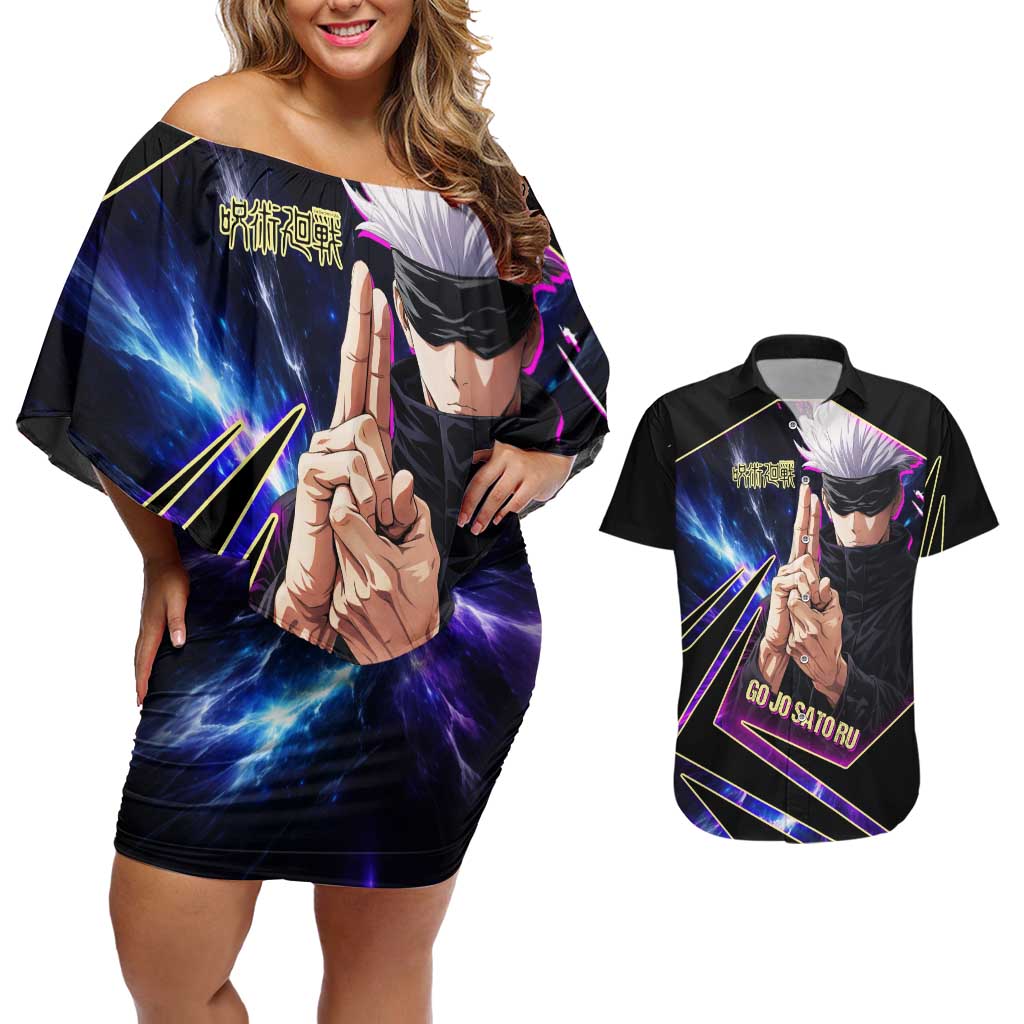 Gojo Satoru Infinite Void Couples Matching Off Shoulder Short Dress and Hawaiian Shirt Cosmic Anime Power Surge Style