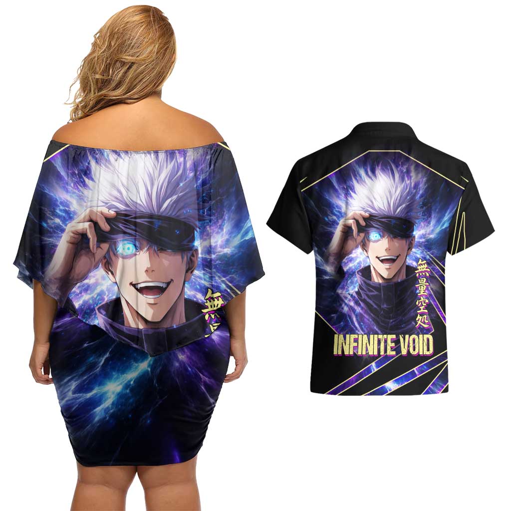 Gojo Satoru Infinite Void Couples Matching Off Shoulder Short Dress and Hawaiian Shirt Cosmic Anime Power Surge Style