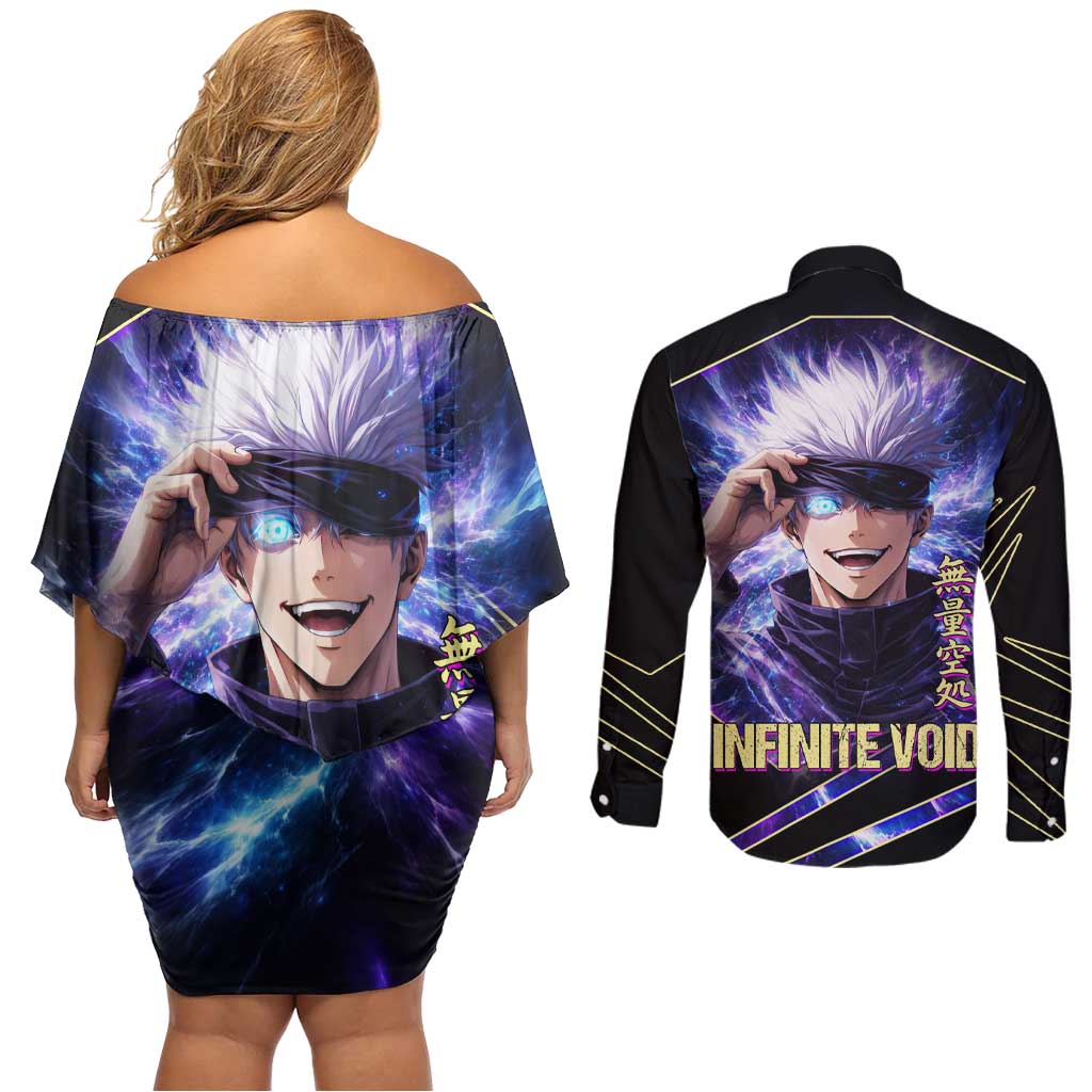 Gojo Satoru Infinite Void Couples Matching Off Shoulder Short Dress and Long Sleeve Button Shirt Cosmic Anime Power Surge Style