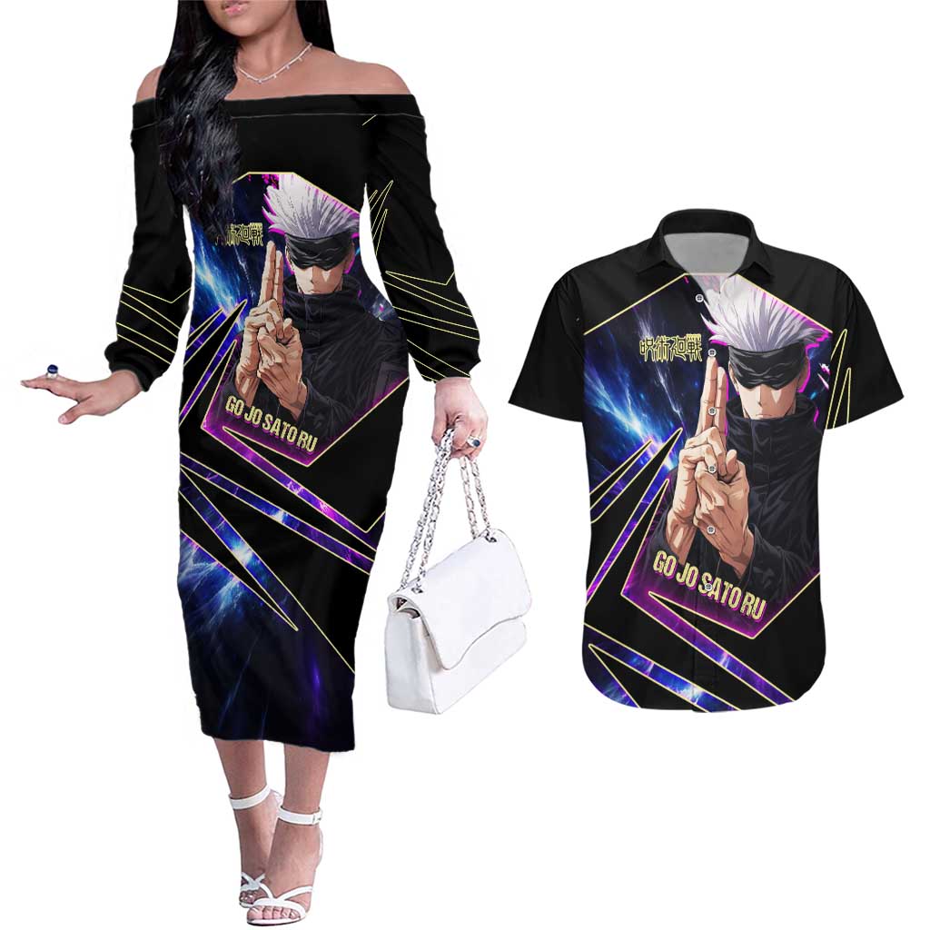 Gojo Satoru Infinite Void Couples Matching Off The Shoulder Long Sleeve Dress and Hawaiian Shirt Cosmic Anime Power Surge Style