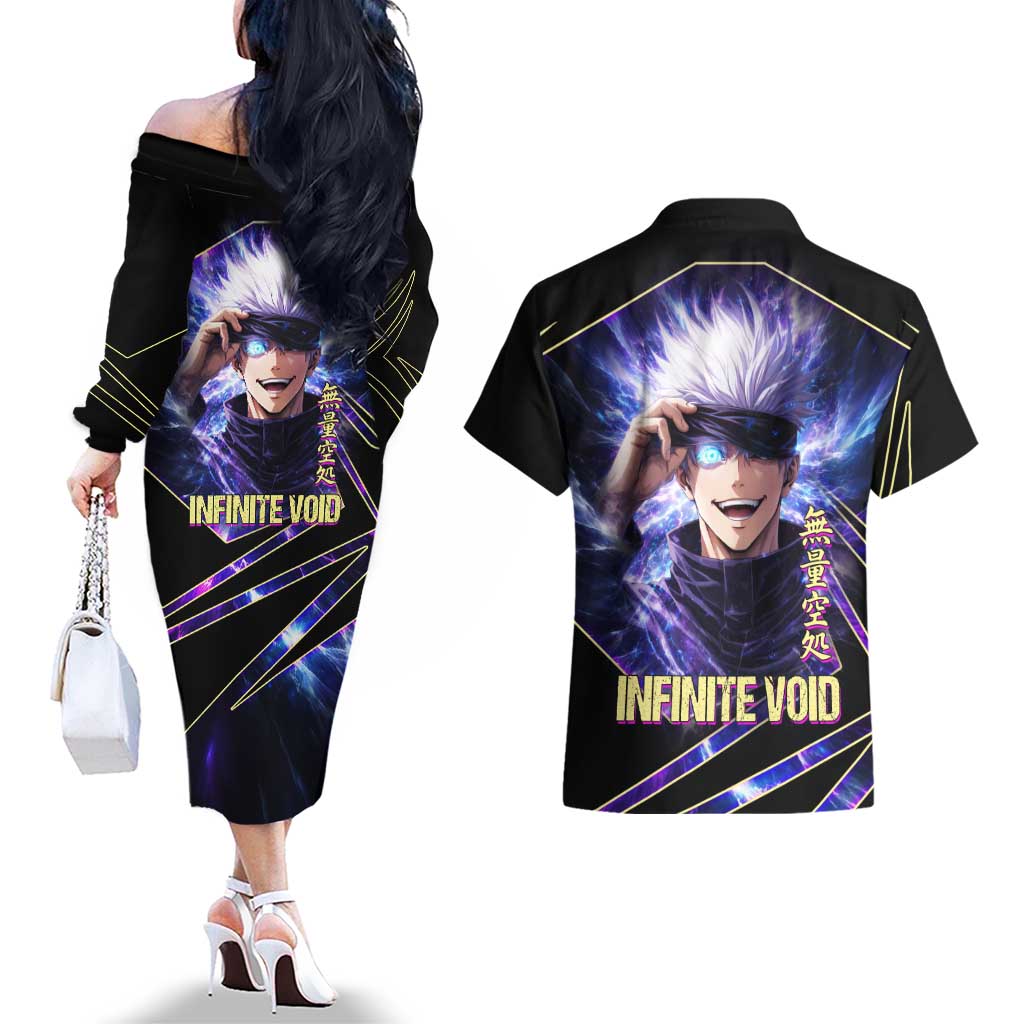 Gojo Satoru Infinite Void Couples Matching Off The Shoulder Long Sleeve Dress and Hawaiian Shirt Cosmic Anime Power Surge Style