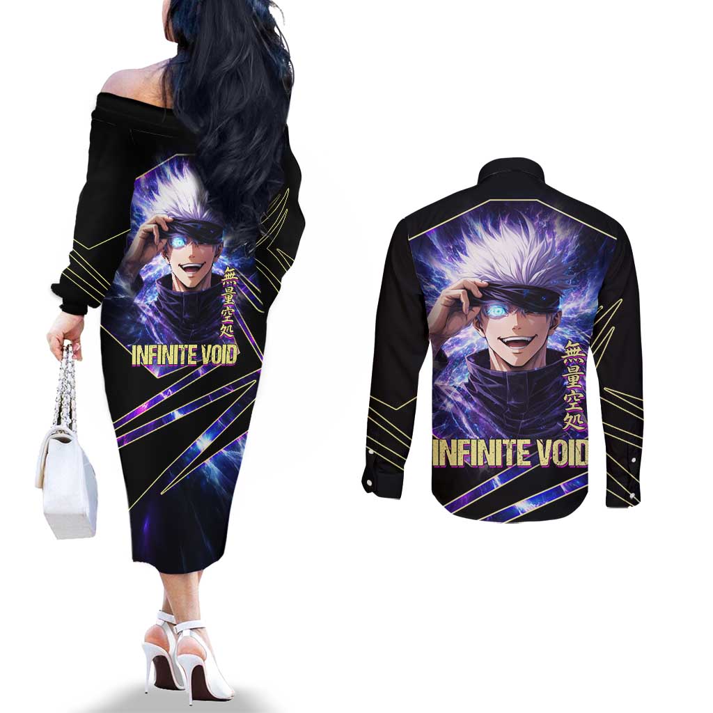 Gojo Satoru Infinite Void Couples Matching Off The Shoulder Long Sleeve Dress and Long Sleeve Button Shirt Cosmic Anime Power Surge Style
