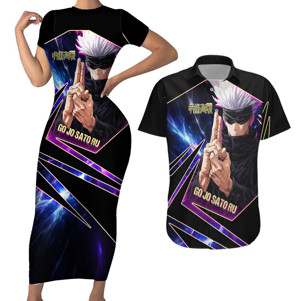 Gojo Satoru Infinite Void Couples Matching Short Sleeve Bodycon Dress and Hawaiian Shirt Cosmic Anime Power Surge Style