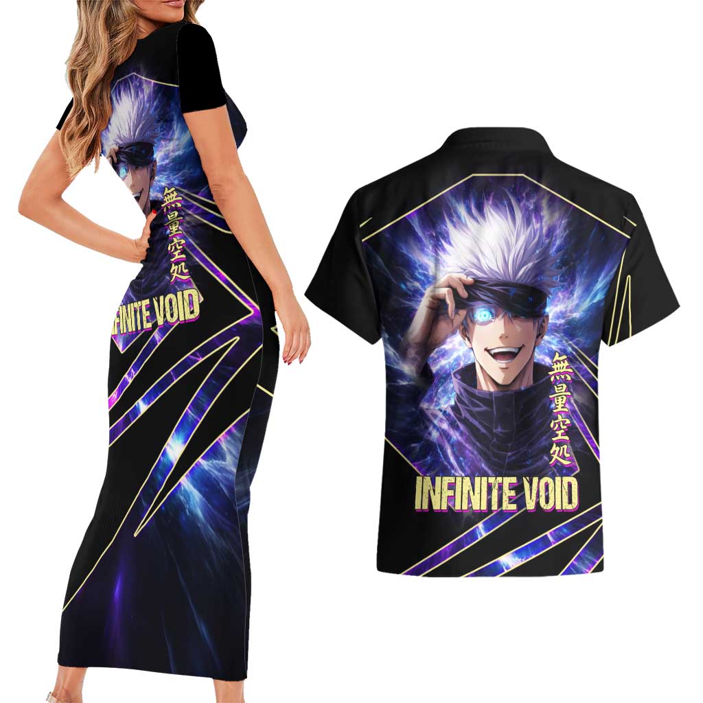 Gojo Satoru Infinite Void Couples Matching Short Sleeve Bodycon Dress and Hawaiian Shirt Cosmic Anime Power Surge Style