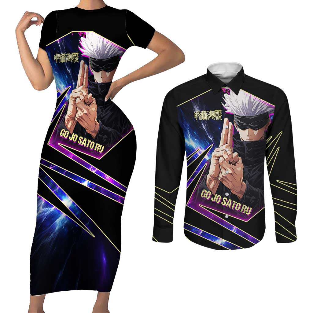 Gojo Satoru Infinite Void Couples Matching Short Sleeve Bodycon Dress and Long Sleeve Button Shirt Cosmic Anime Power Surge Style