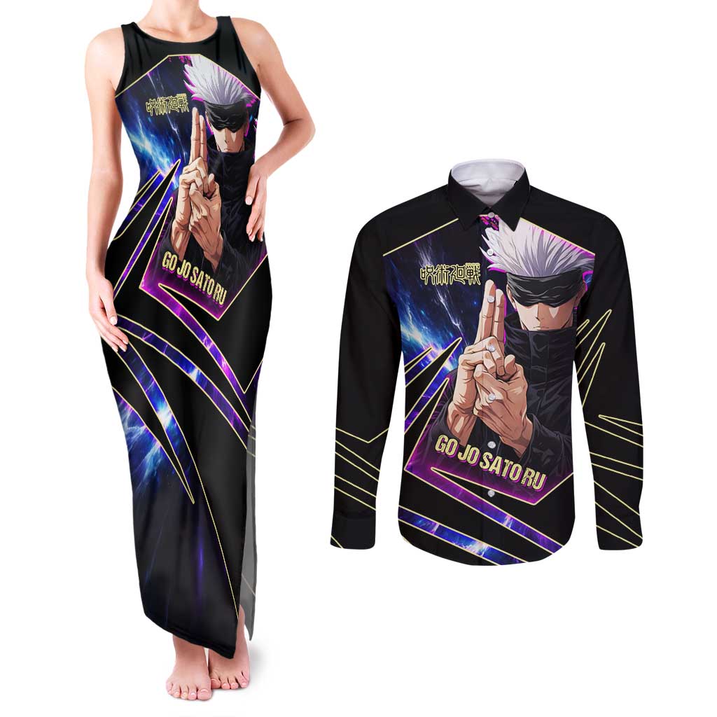 Gojo Satoru Infinite Void Couples Matching Tank Maxi Dress and Long Sleeve Button Shirt Cosmic Anime Power Surge Style