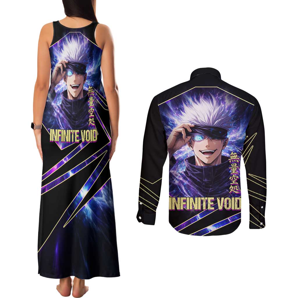 Gojo Satoru Infinite Void Couples Matching Tank Maxi Dress and Long Sleeve Button Shirt Cosmic Anime Power Surge Style