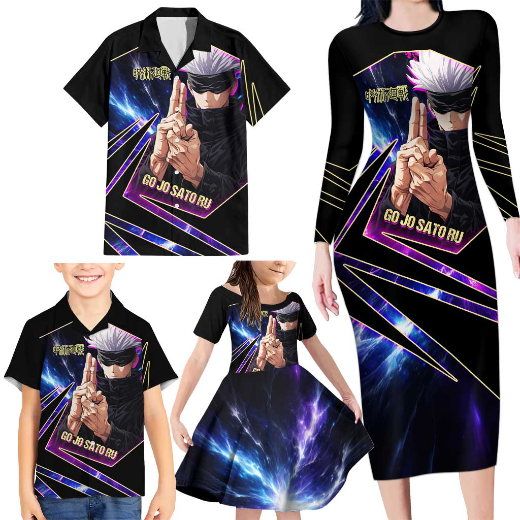 Gojo Satoru Infinite Void Family Matching Long Sleeve Bodycon Dress and Hawaiian Shirt Cosmic Anime Power Surge Style