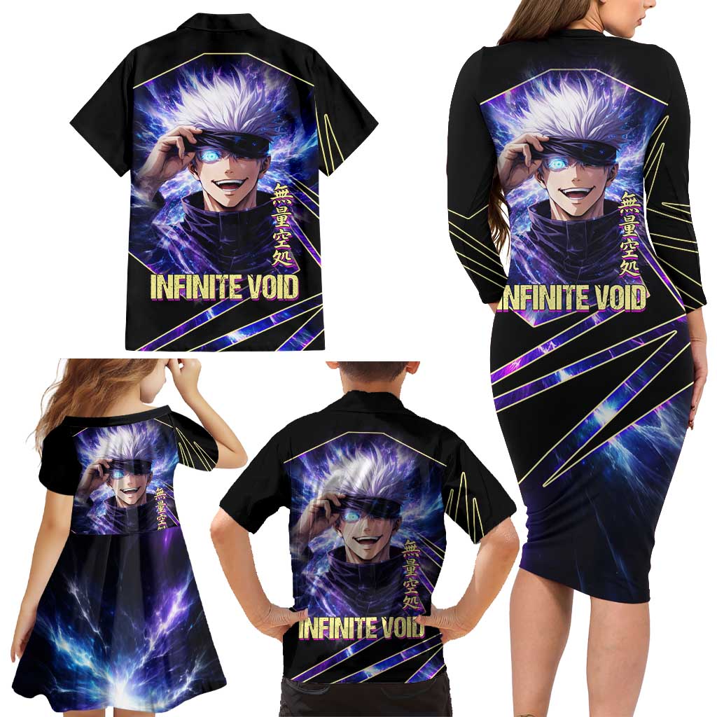 Gojo Satoru Infinite Void Family Matching Long Sleeve Bodycon Dress and Hawaiian Shirt Cosmic Anime Power Surge Style