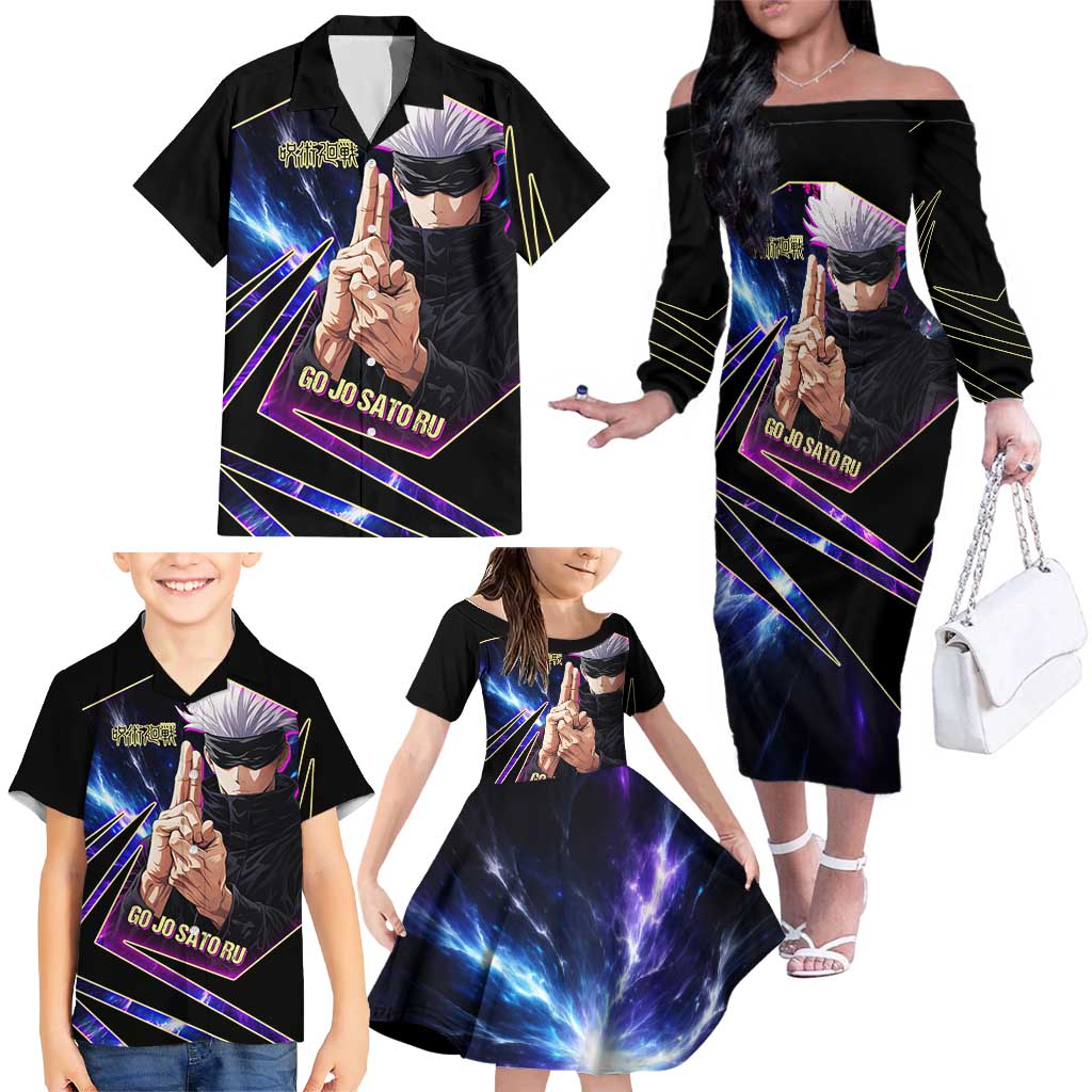 Gojo Satoru Infinite Void Family Matching Off The Shoulder Long Sleeve Dress and Hawaiian Shirt Cosmic Anime Power Surge Style