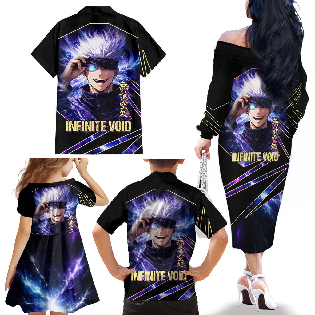 Gojo Satoru Infinite Void Family Matching Off The Shoulder Long Sleeve Dress and Hawaiian Shirt Cosmic Anime Power Surge Style
