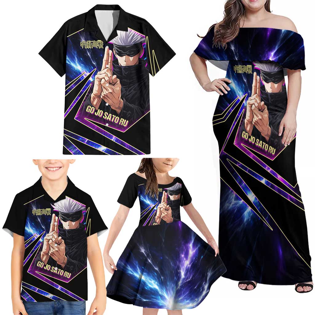 Gojo Satoru Infinite Void Family Matching Off Shoulder Maxi Dress and Hawaiian Shirt Cosmic Anime Power Surge Style