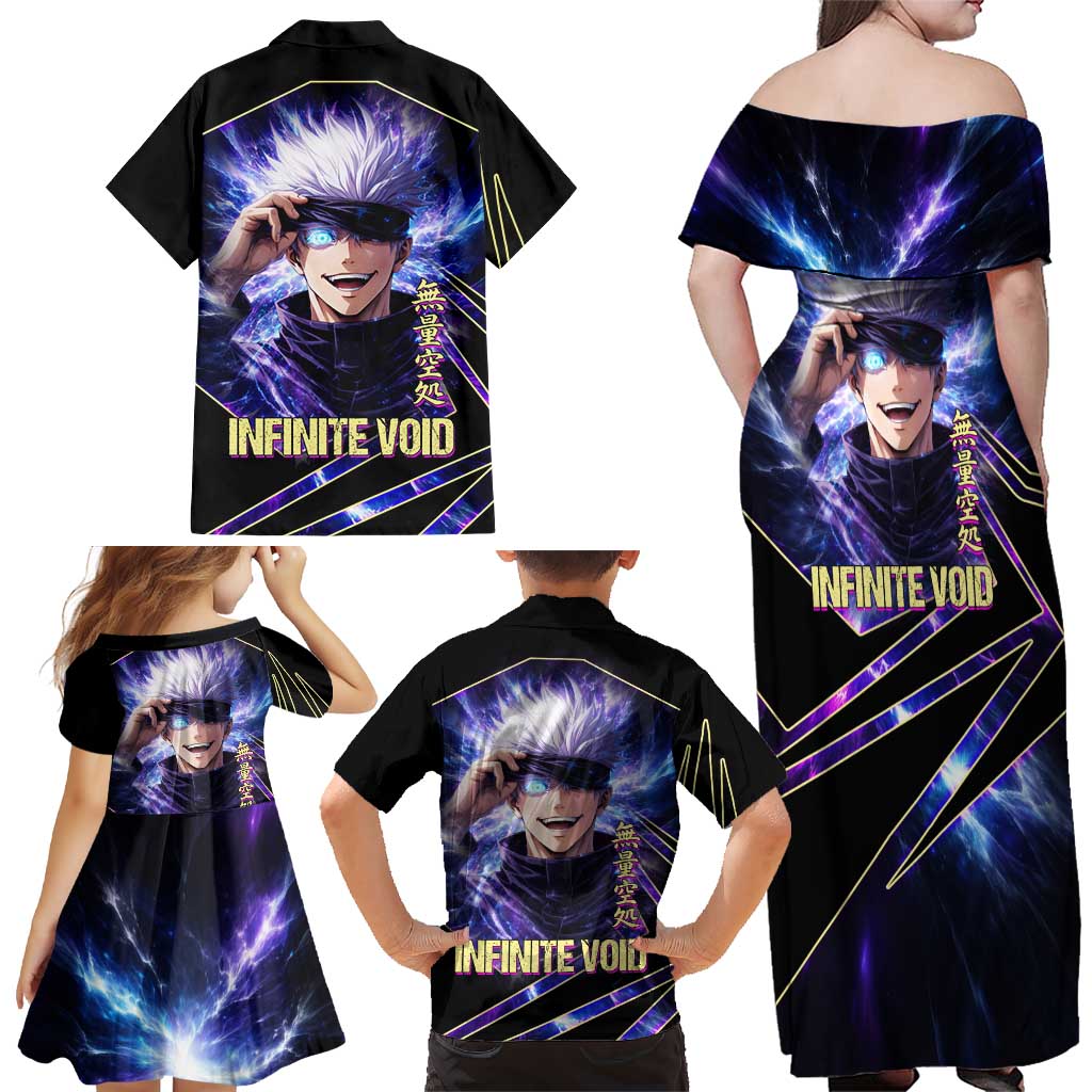 Gojo Satoru Infinite Void Family Matching Off Shoulder Maxi Dress and Hawaiian Shirt Cosmic Anime Power Surge Style