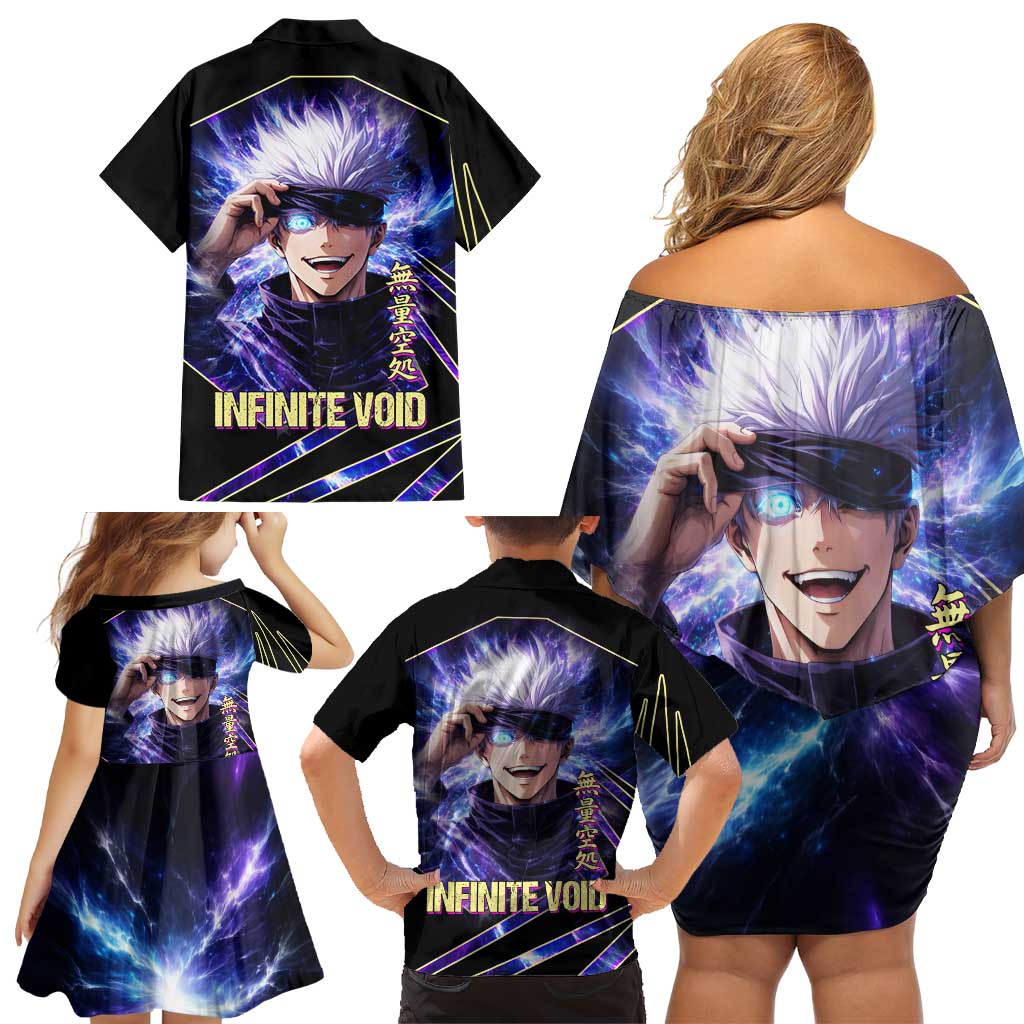 Gojo Satoru Infinite Void Family Matching Off Shoulder Short Dress and Hawaiian Shirt Cosmic Anime Power Surge Style
