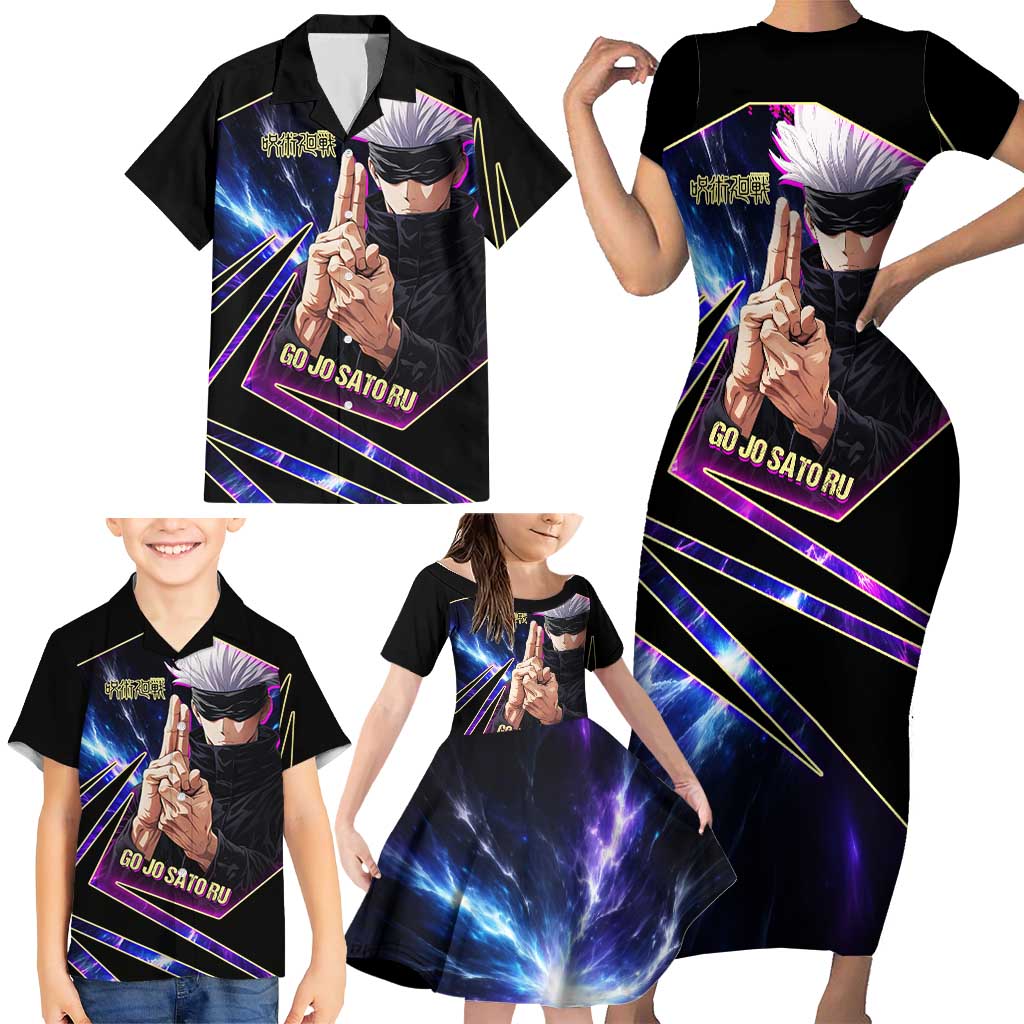 Gojo Satoru Infinite Void Family Matching Short Sleeve Bodycon Dress and Hawaiian Shirt Cosmic Anime Power Surge Style