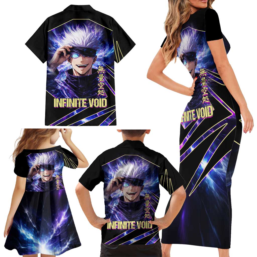 Gojo Satoru Infinite Void Family Matching Short Sleeve Bodycon Dress and Hawaiian Shirt Cosmic Anime Power Surge Style