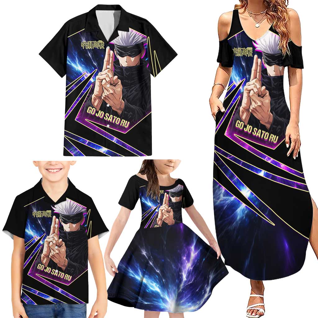 Gojo Satoru Infinite Void Family Matching Summer Maxi Dress and Hawaiian Shirt Cosmic Anime Power Surge Style