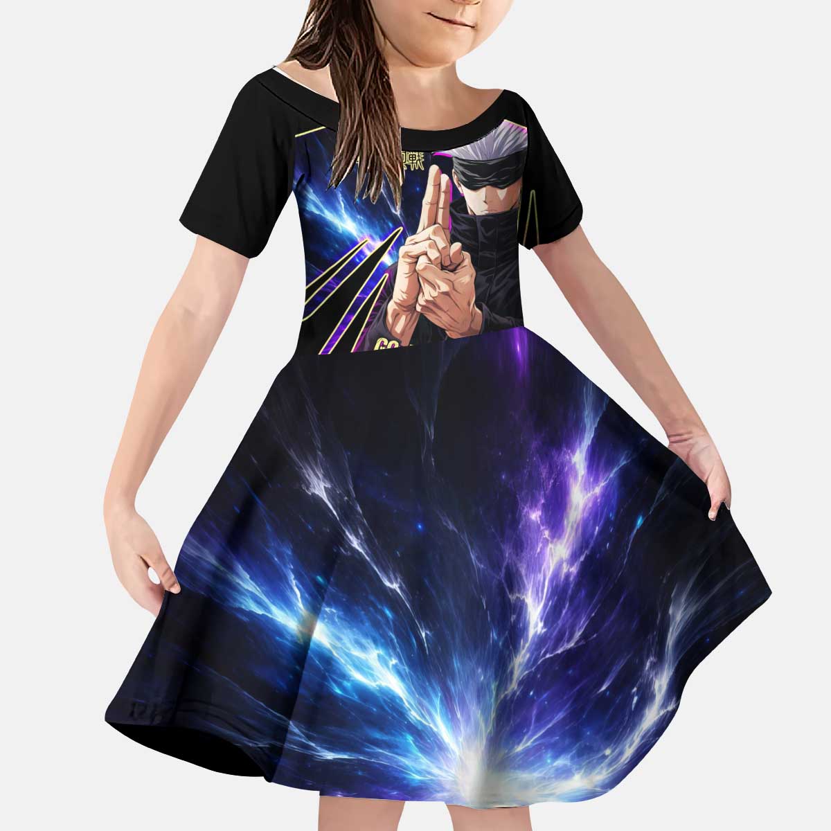 Gojo Satoru Infinite Void Kid Short Sleeve Dress Cosmic Anime Power Surge Style