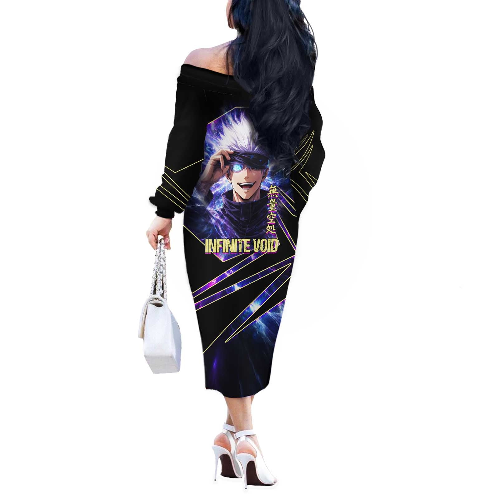 Gojo Satoru Infinite Void Off The Shoulder Long Sleeve Dress Cosmic Anime Power Surge Style