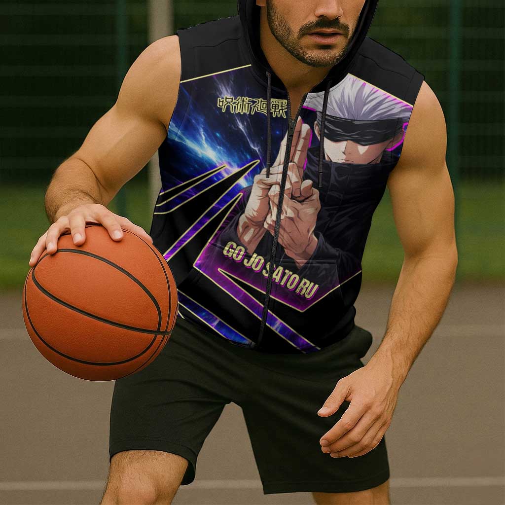 Gojo Satoru Infinite Void Sleeveless Zip Hoodie Cosmic Anime Power Surge Style