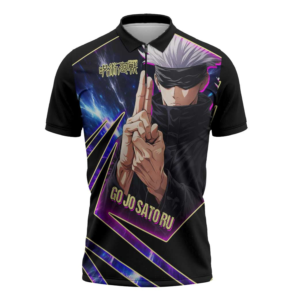 Gojo Satoru Infinite Void Zipper Polo Shirt Cosmic Anime Power Surge Style