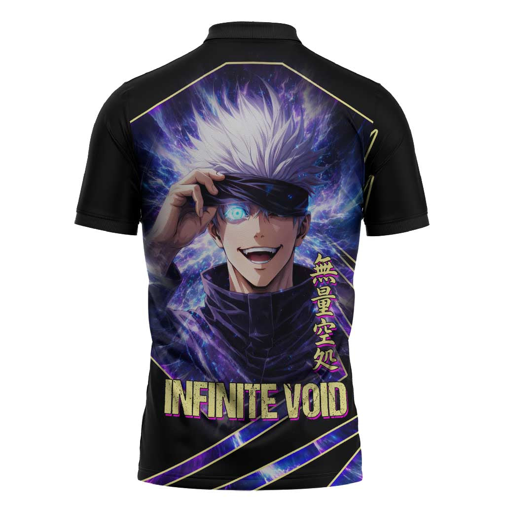 Gojo Satoru Infinite Void Zipper Polo Shirt Cosmic Anime Power Surge Style