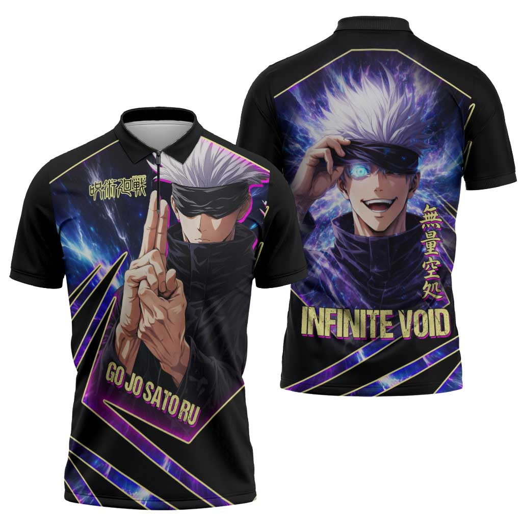 Gojo Satoru Infinite Void Zipper Polo Shirt Cosmic Anime Power Surge Style