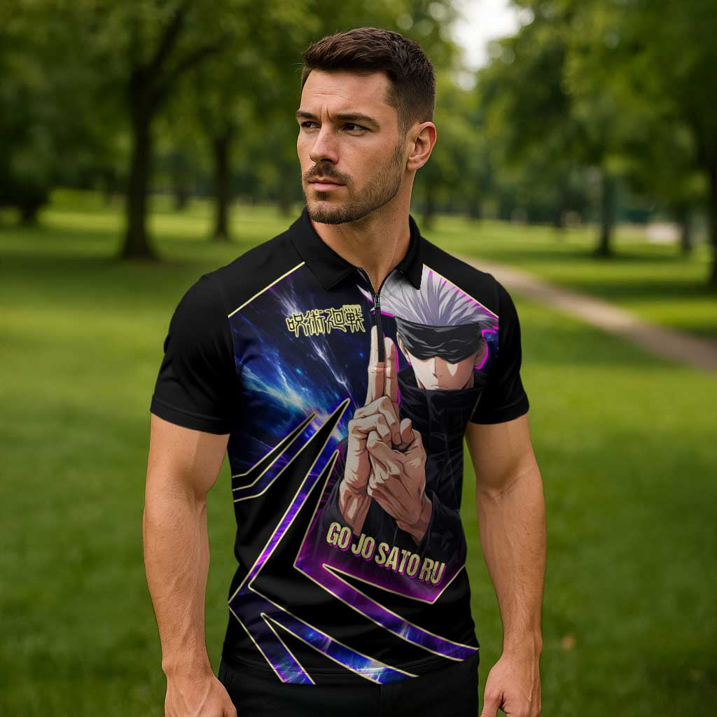 Gojo Satoru Infinite Void Zipper Polo Shirt Cosmic Anime Power Surge Style