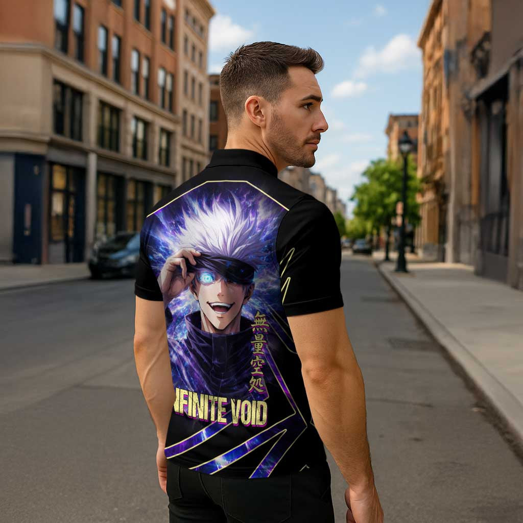 Gojo Satoru Infinite Void Zipper Polo Shirt Cosmic Anime Power Surge Style