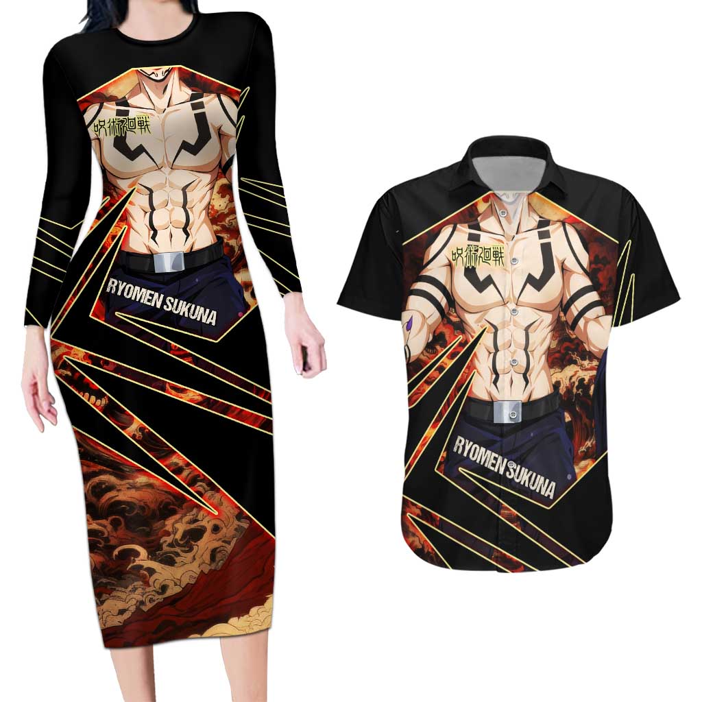 Ryomen Sukuna Malevolent Shrine Couples Matching Long Sleeve Bodycon Dress and Hawaiian Shirt Infernal Cursed Domain Art Style