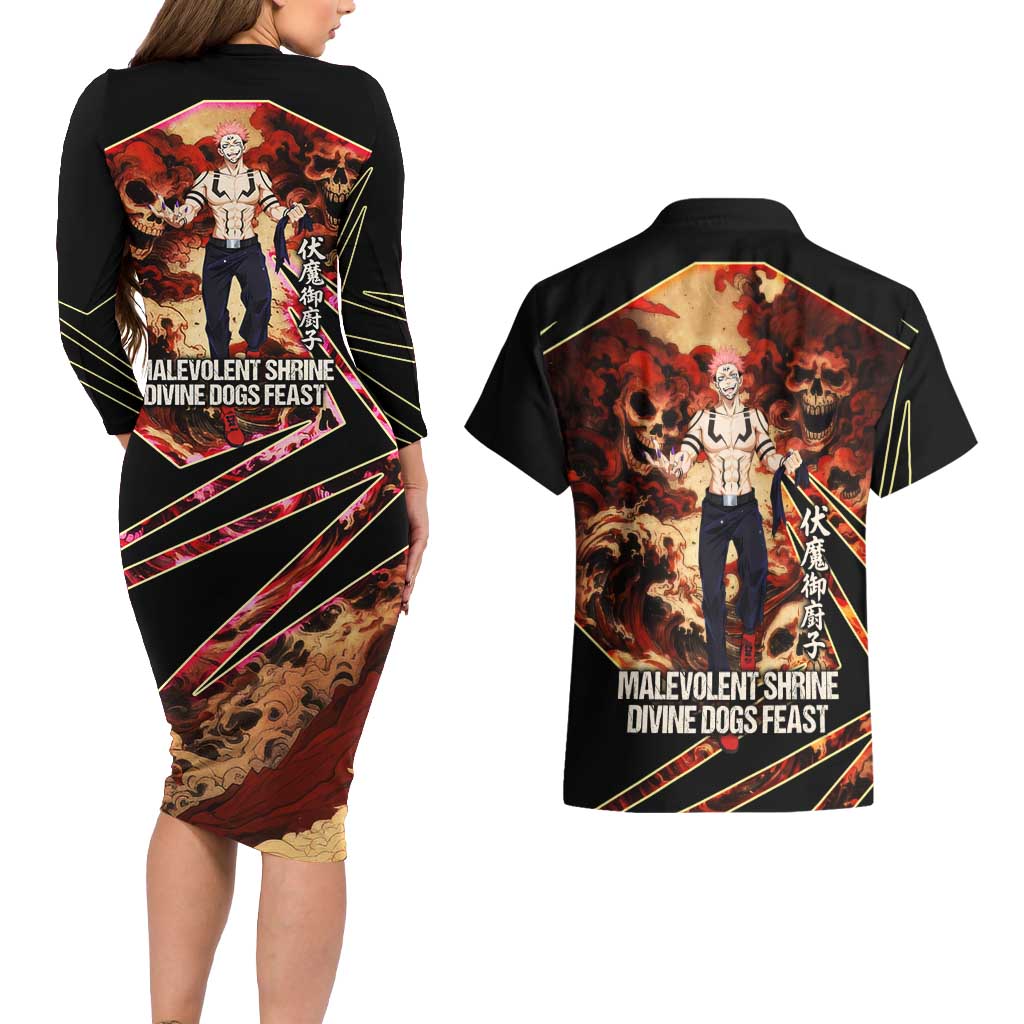 Ryomen Sukuna Malevolent Shrine Couples Matching Long Sleeve Bodycon Dress and Hawaiian Shirt Infernal Cursed Domain Art Style
