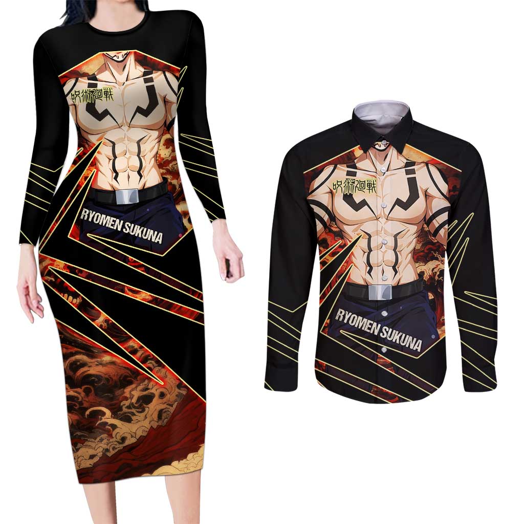 Ryomen Sukuna Malevolent Shrine Couples Matching Long Sleeve Bodycon Dress and Long Sleeve Button Shirt Infernal Cursed Domain Art Style