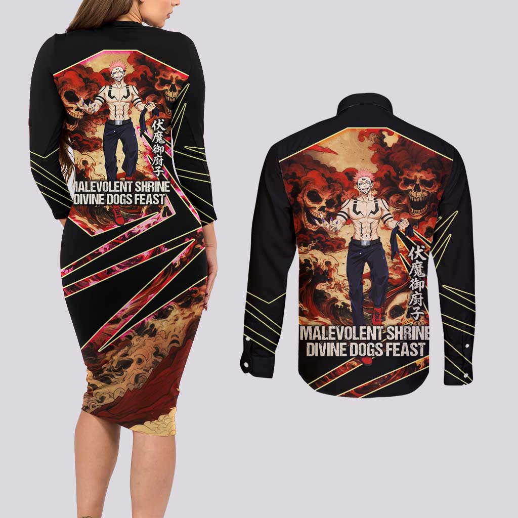 Ryomen Sukuna Malevolent Shrine Couples Matching Long Sleeve Bodycon Dress and Long Sleeve Button Shirt Infernal Cursed Domain Art Style