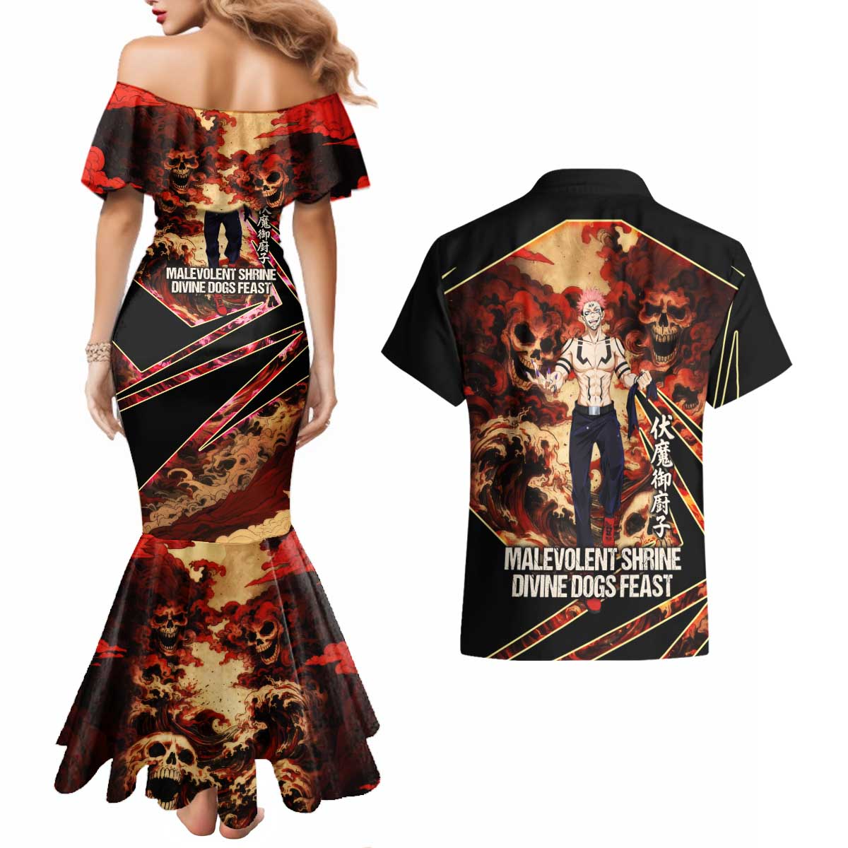 Ryomen Sukuna Malevolent Shrine Couples Matching Mermaid Dress and Hawaiian Shirt Infernal Cursed Domain Art Style