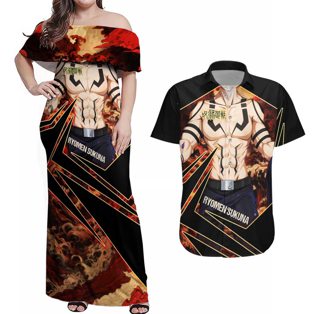 Ryomen Sukuna Malevolent Shrine Couples Matching Off Shoulder Maxi Dress and Hawaiian Shirt Infernal Cursed Domain Art Style