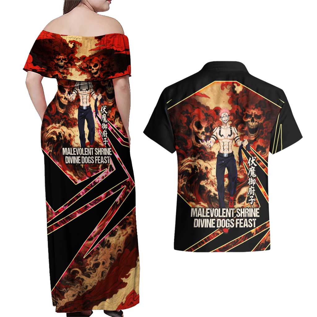 Ryomen Sukuna Malevolent Shrine Couples Matching Off Shoulder Maxi Dress and Hawaiian Shirt Infernal Cursed Domain Art Style